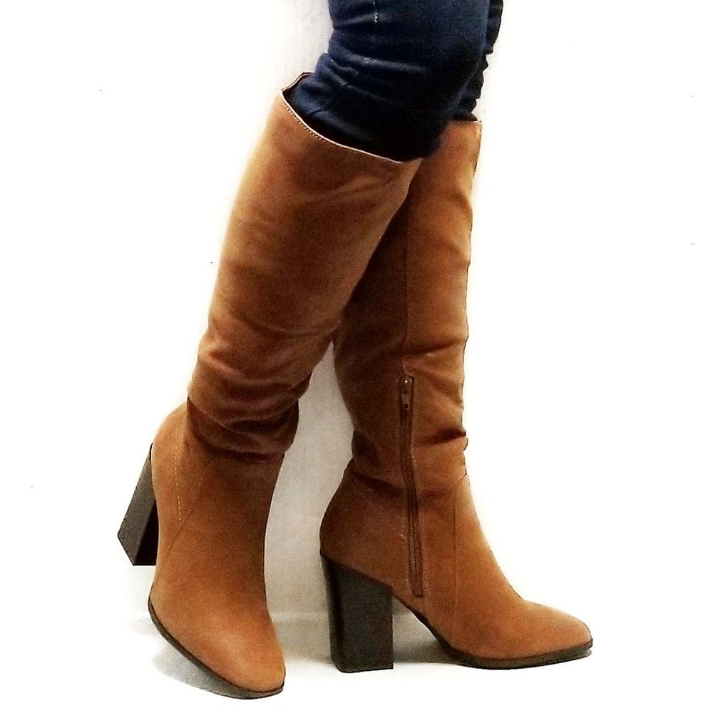 New Tan Square Toe Knee High Chunky Heel Boots - Picture 2 of 4